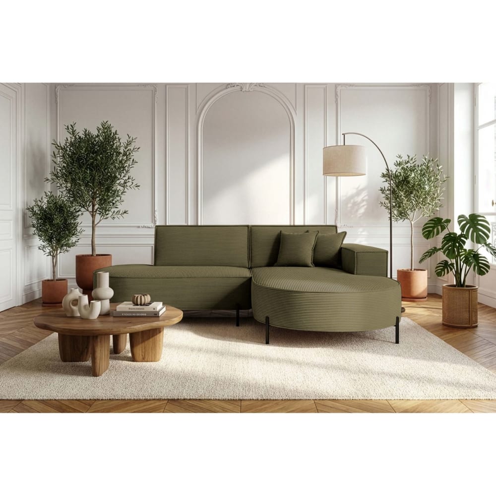 Canapé d'angle droit 4 places MARLON en velours côtelé vert kaki