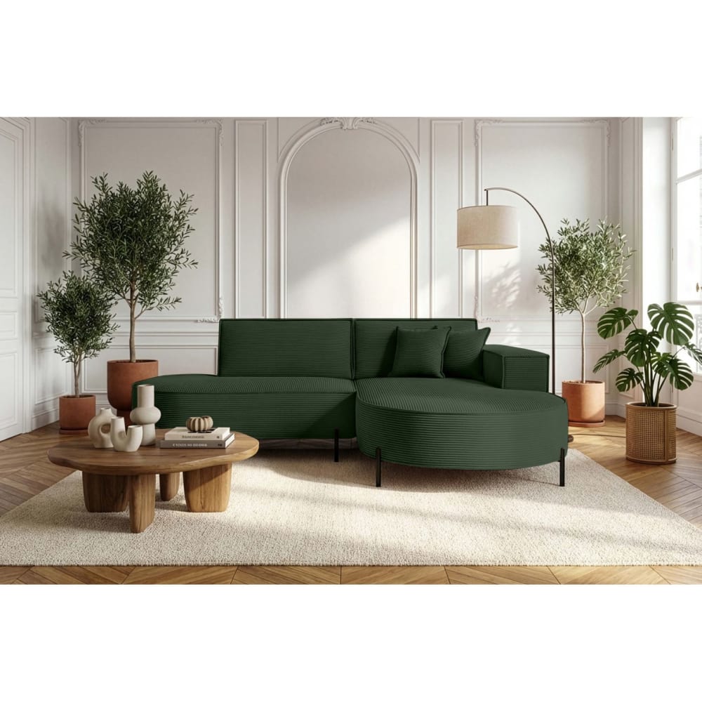 Canapé d'angle droit 4 places MARLON en velours côtelé vert foncé
