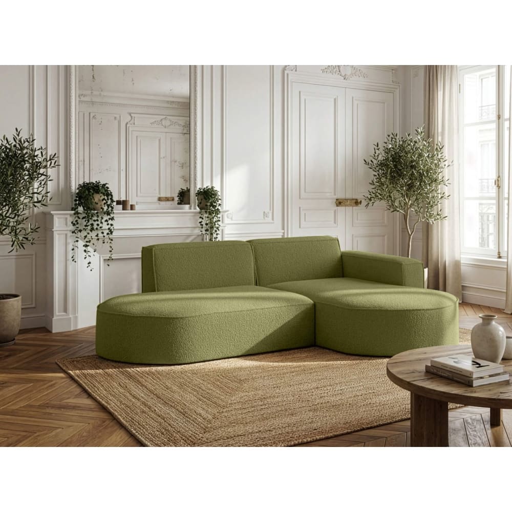 Canapé d'angle droit 4 places MARLA en tissu bouclette - Vert kaki