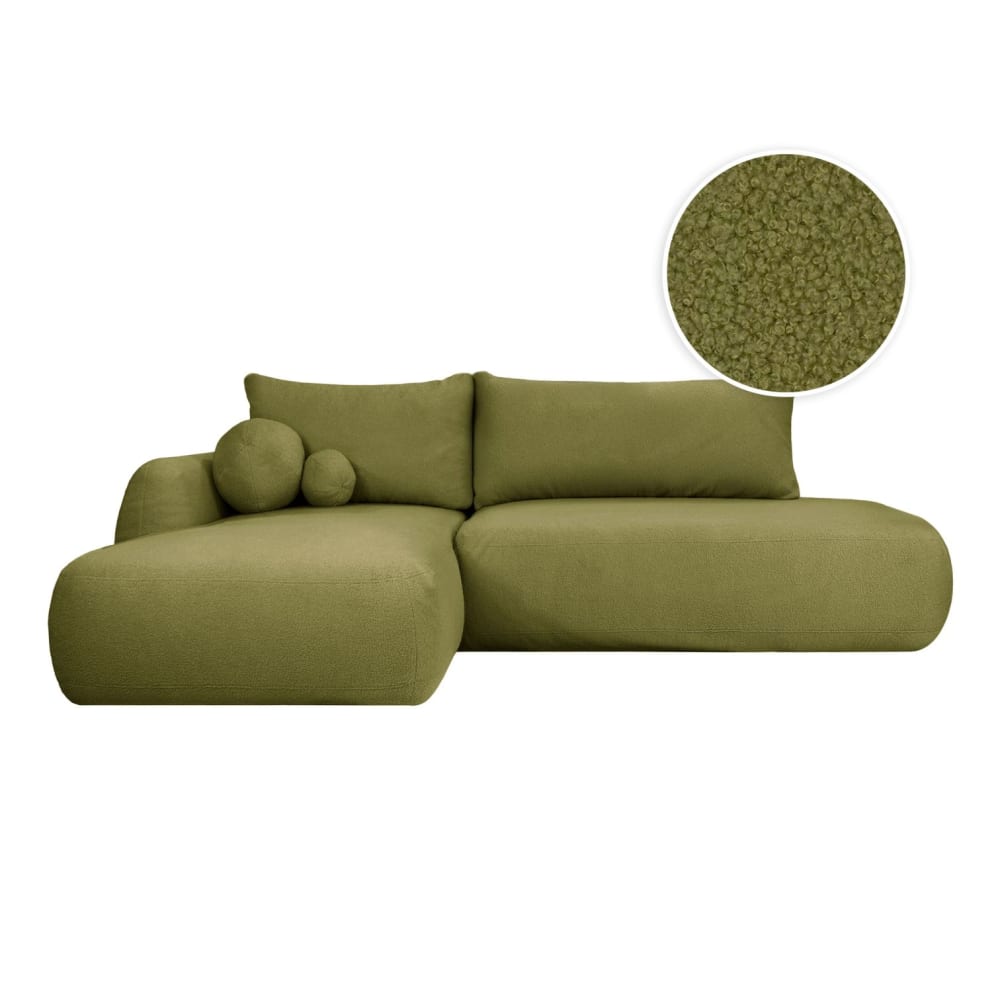 Canapé d'angle gauche convertible 5p FABIO - tissu bouclette vert kaki