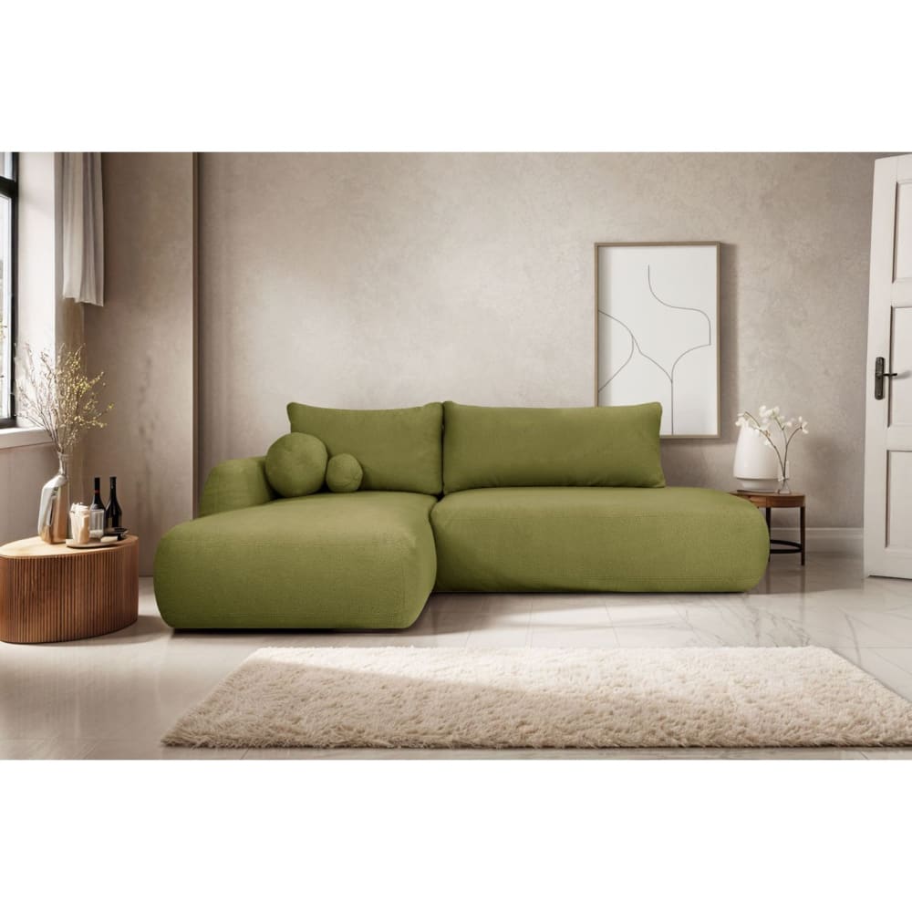 Canapé d'angle gauche convertible 5p FABIO - tissu bouclette vert kaki