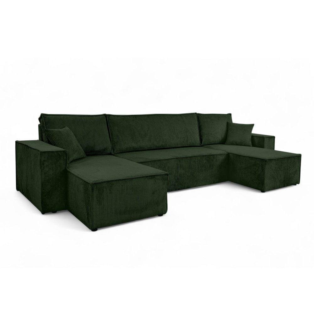 Canapé d'angle panoramique 6 places velours côtelé vert foncé