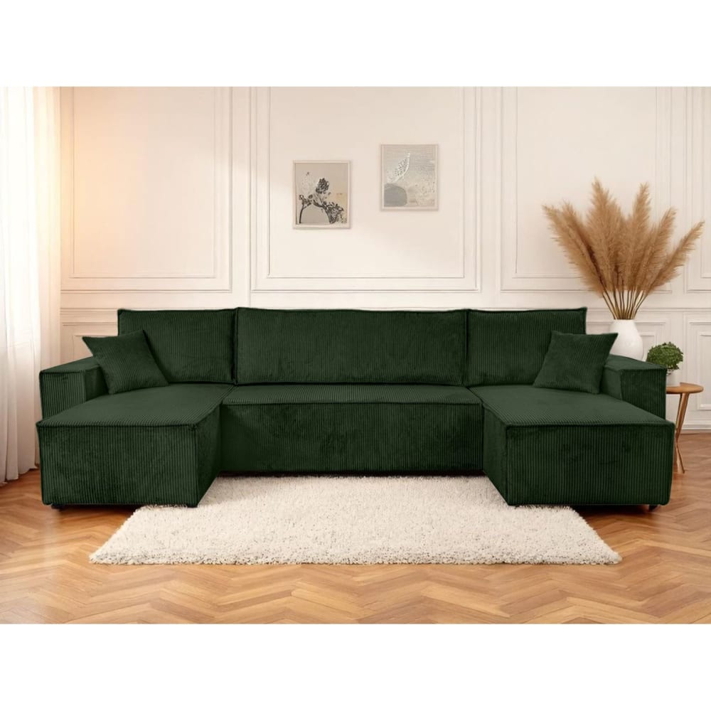 Canapé d'angle panoramique 6 places velours côtelé vert foncé