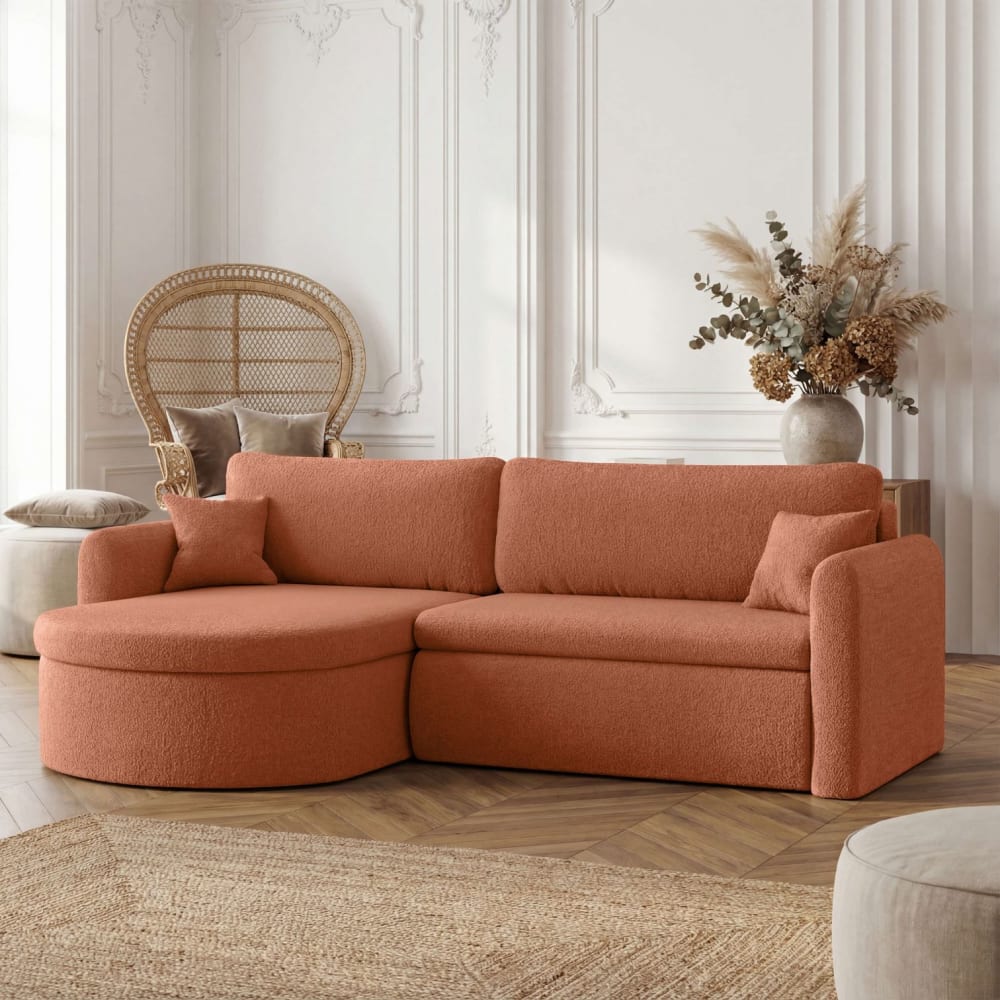 Canapé angle reversible convertible 4p VERA en tissu bouclé terracotta