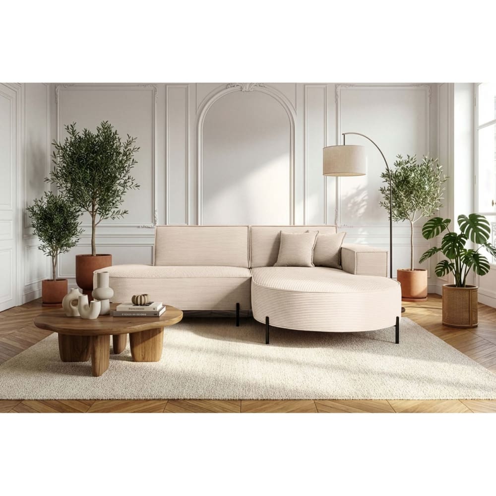 Canapé d'angle droit 4 places MARLON en velours côtelé beige