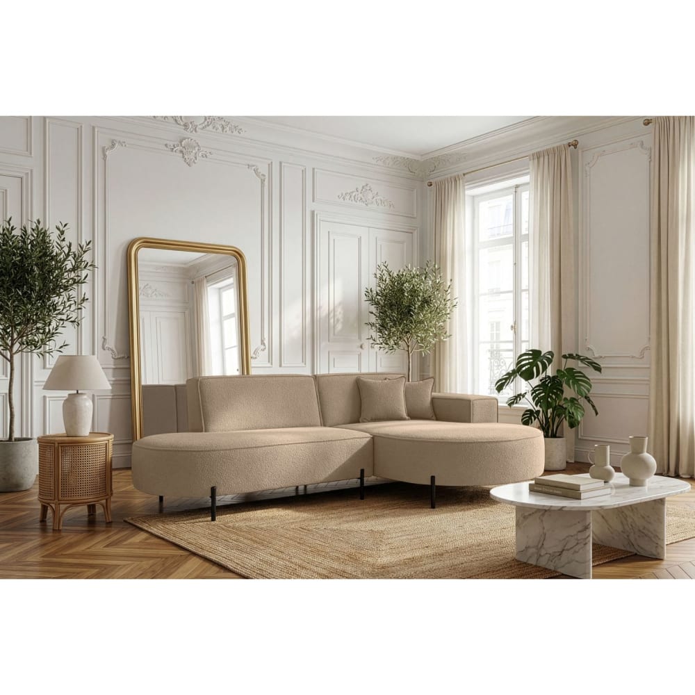 Canapé d'angle droit 4 places MARLON en tissu bouclette taupe