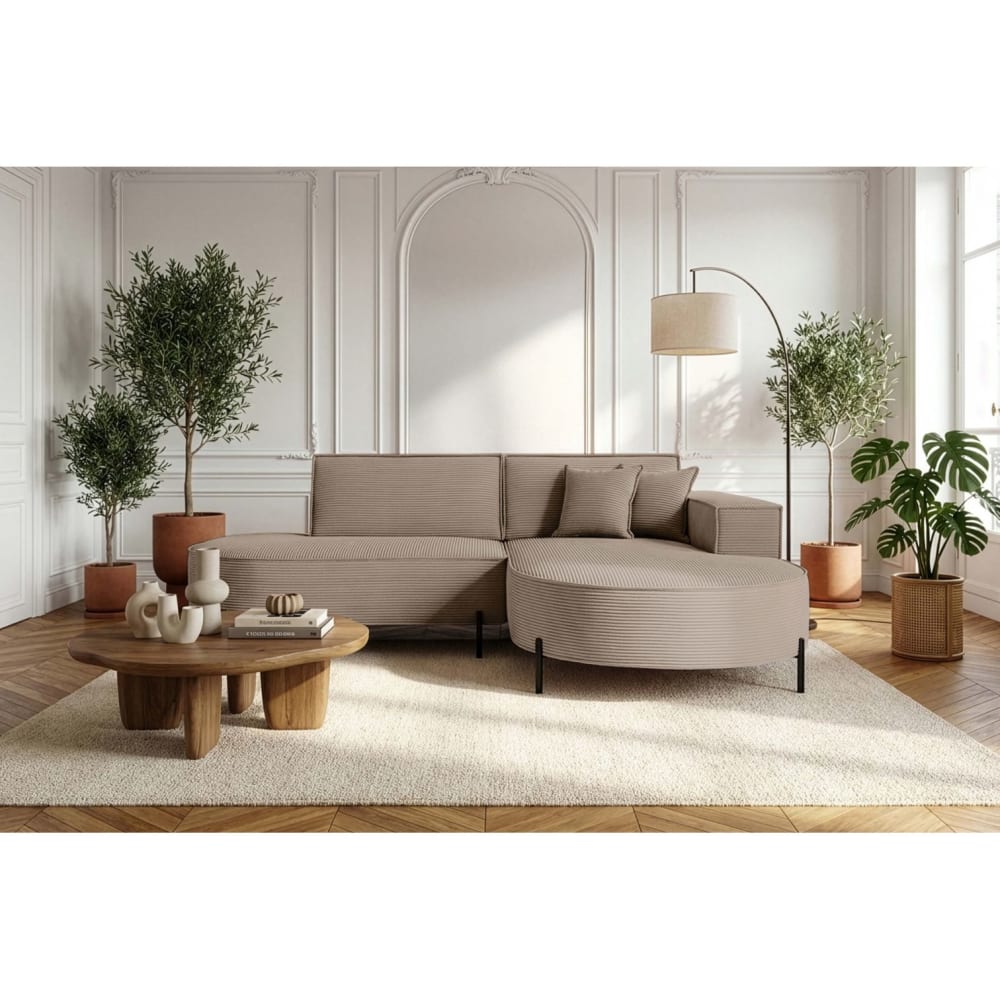Canapé d'angle droit 4 places MARLON en velours côtelé taupe