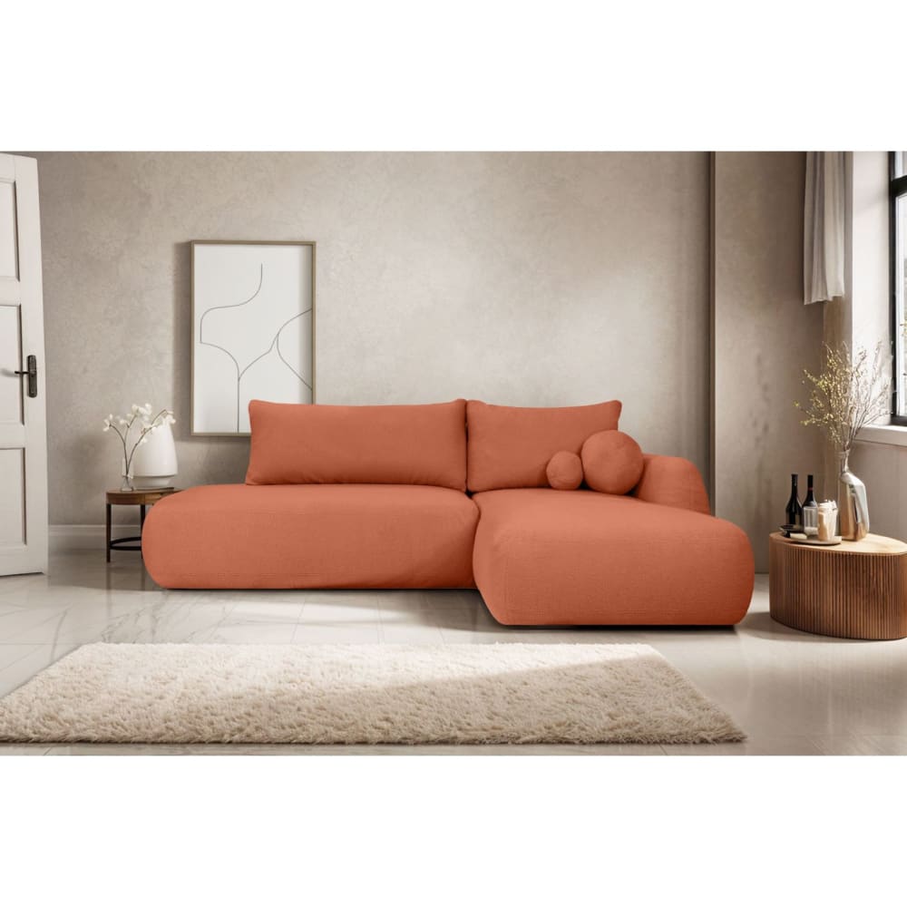 Canapé d'angle droit convertible 5p FABIO en tissu bouclé terracotta