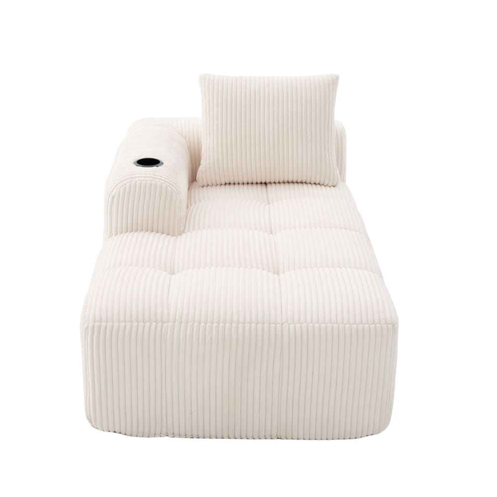 Chaise longue modulable en velours côtelé beige avec coussins
