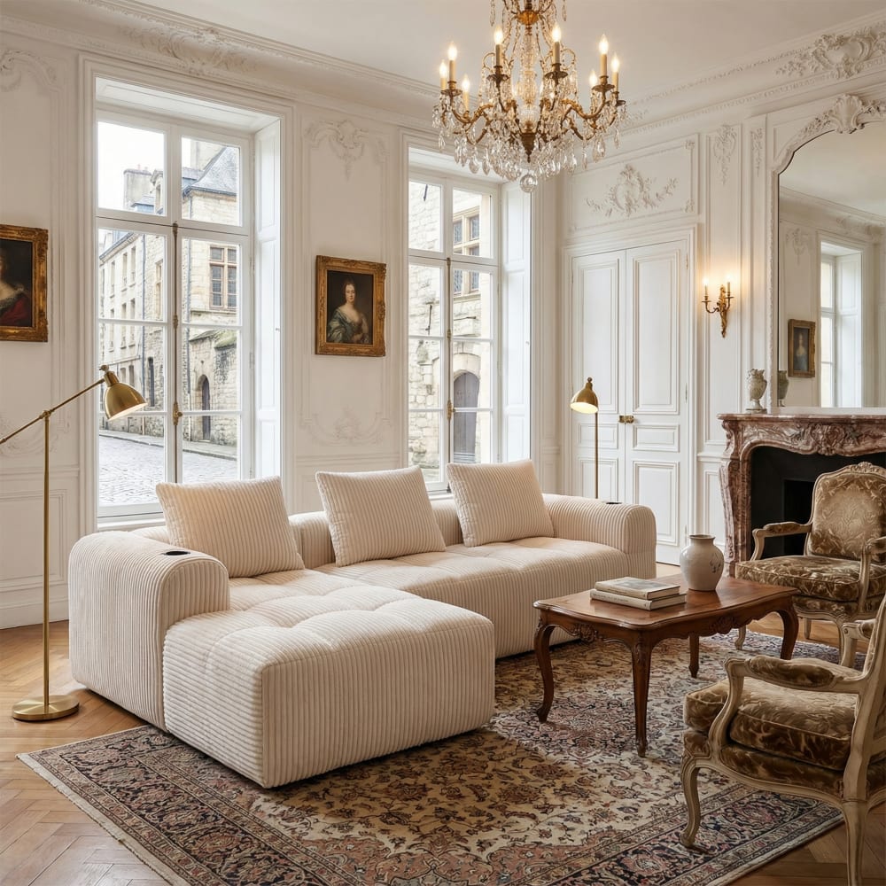 Canapé Modulable en Velours Côtelé Beige – Système DIY Combinable