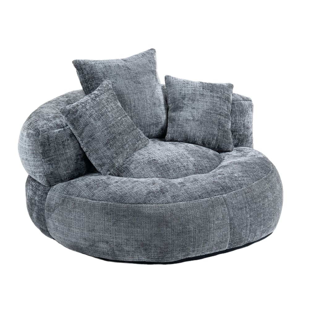 Fauteuil rond lounge en tissu gris avec coussins