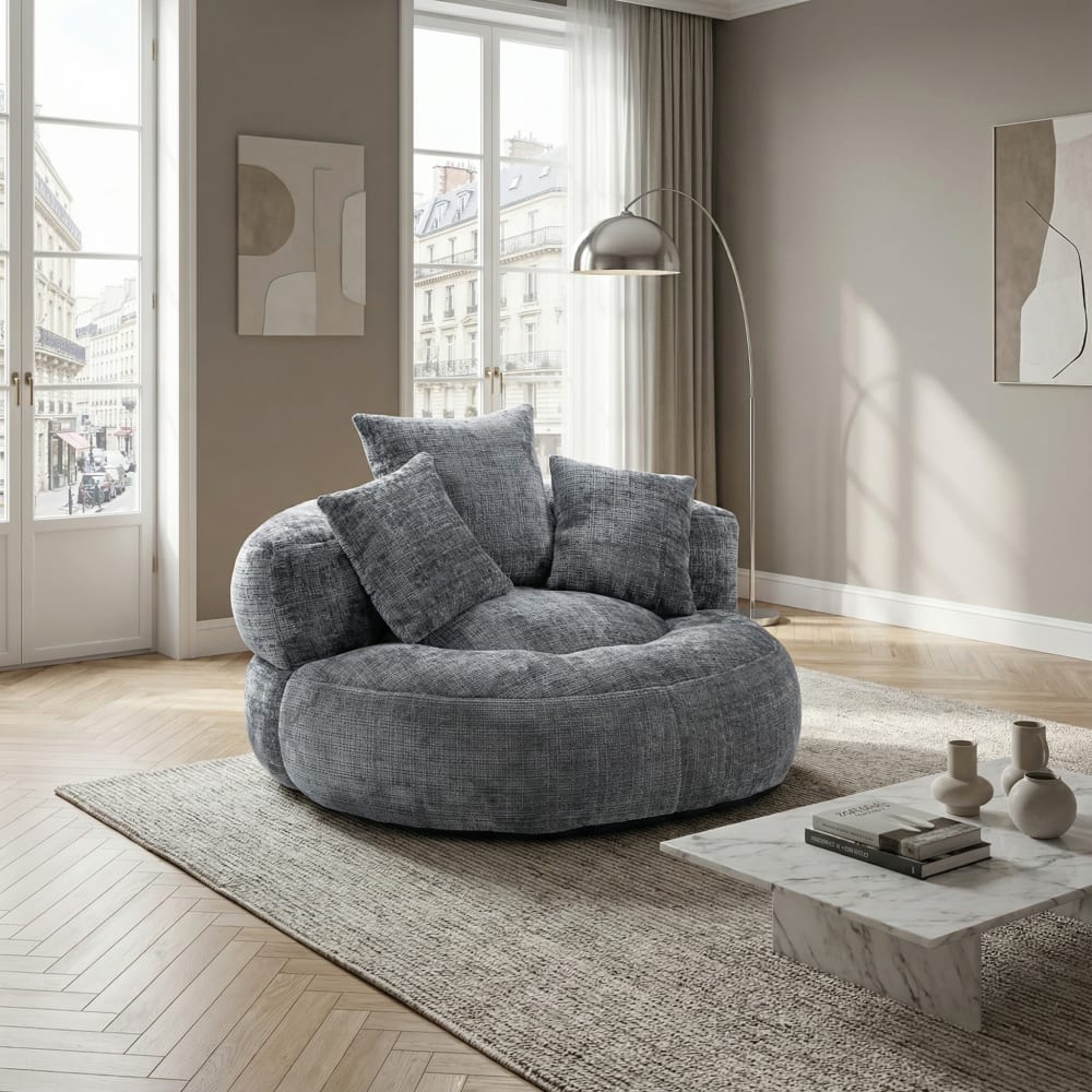 Runder Stoff-Loungesessel mit Kissen, Grau - Maisons Du Monde