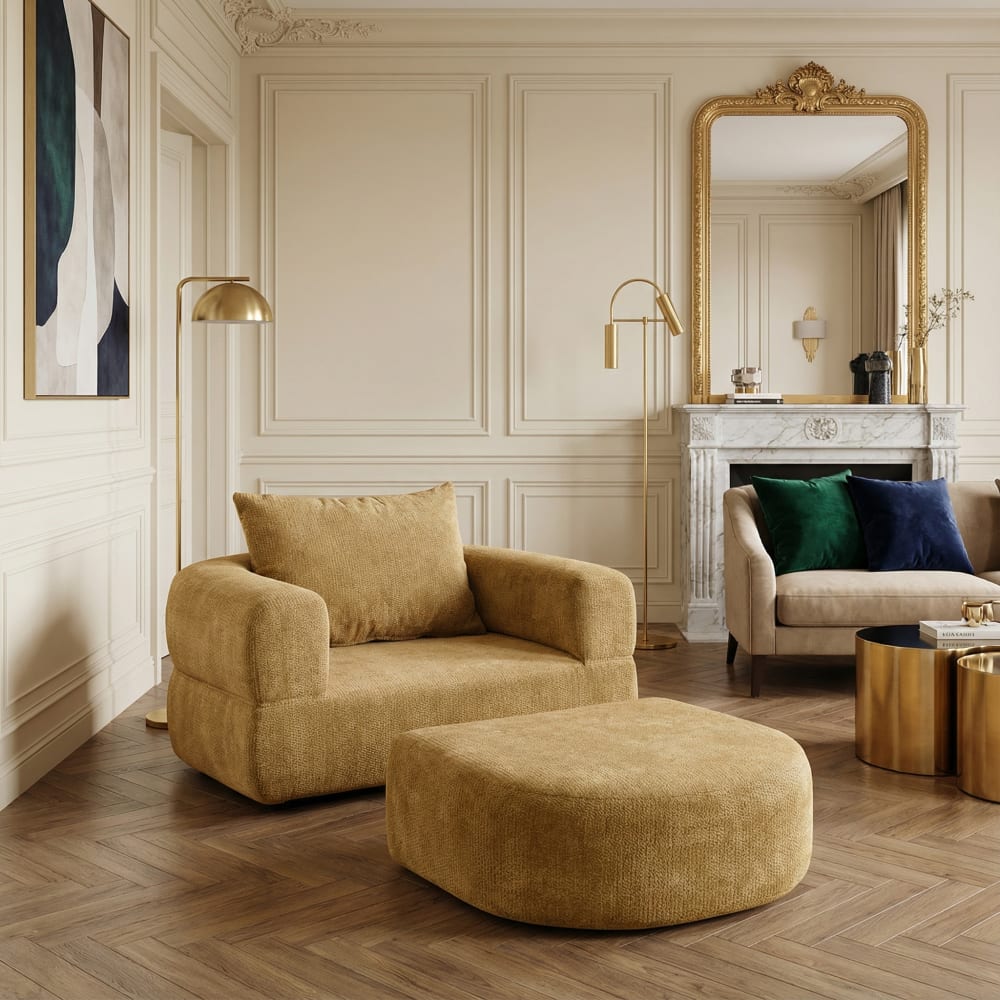 Fauteuil convertible avec pouf, design cocoon en tissu doux – Jaune