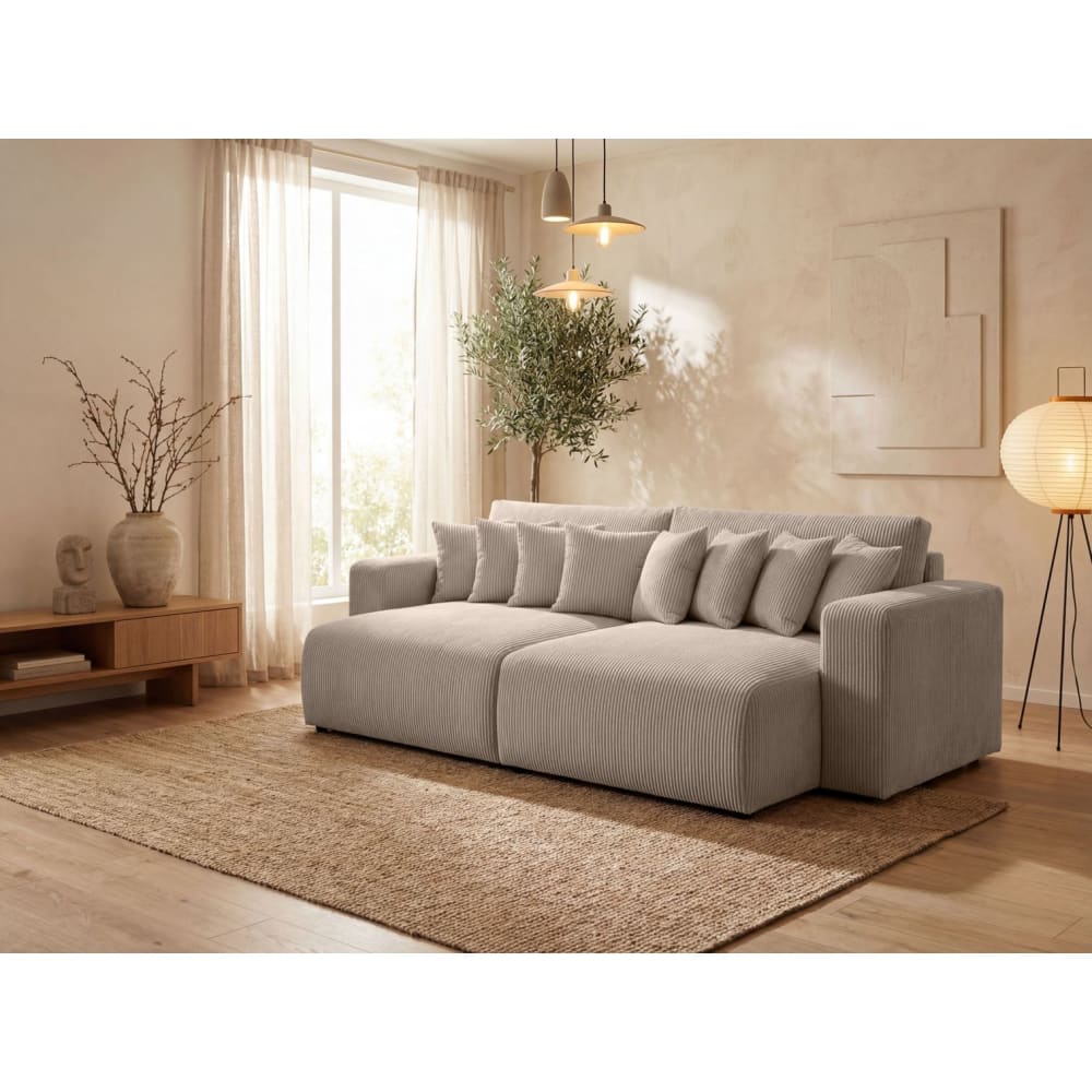 Canapé droit  4 places avec double méridienne en velours côtelé taupe