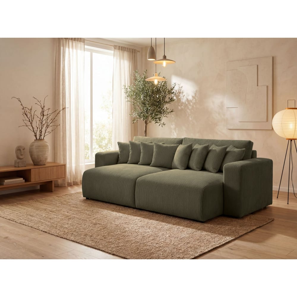 Canapé droit  4 places avec double méridienne en velours côtelé vert