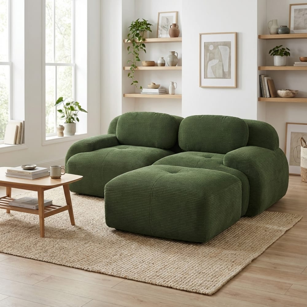 Canapé modulable vert en velours côtelé – dossier ovale & assise large