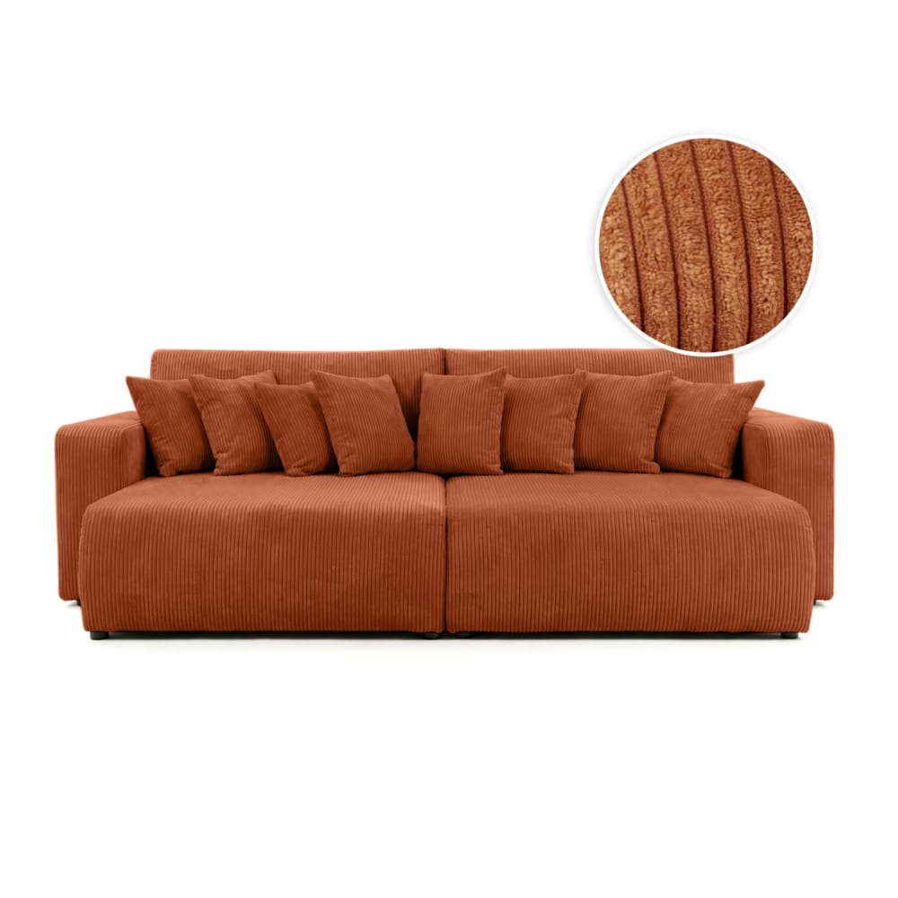 Canapé droit  4 places double méridienne velours côtelé terracotta