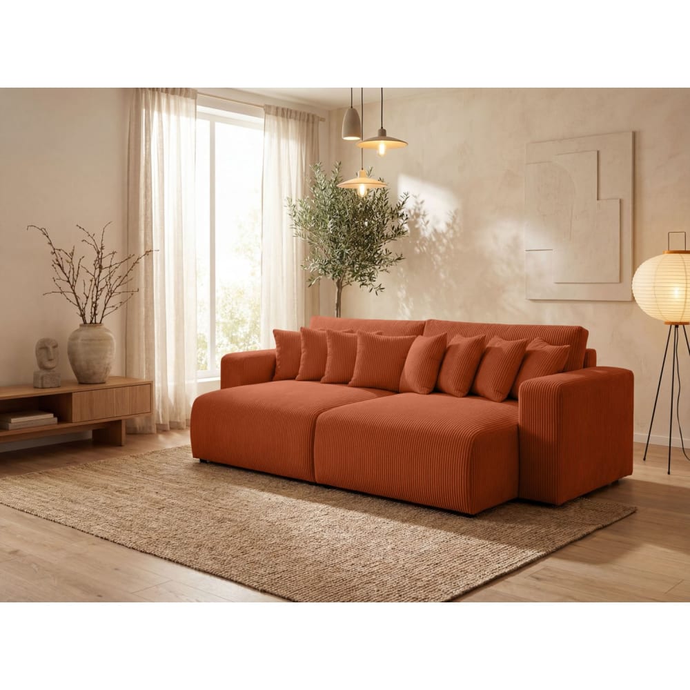 Canapé droit  4 places double méridienne velours côtelé terracotta