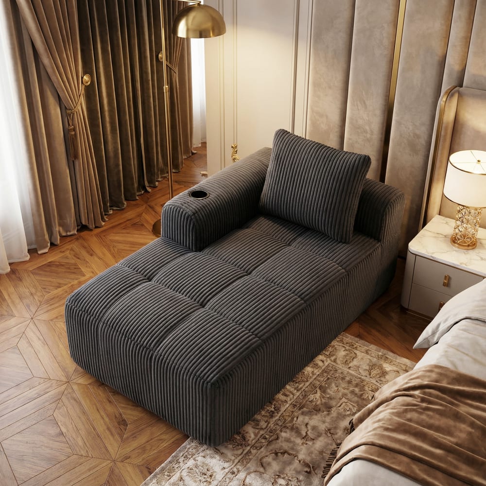 Canapé modulable velours côtelé gris foncé avec accoudoir et coussins