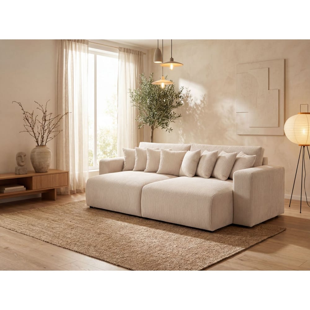 Canapé droit  4 places avec double méridienne en velours côtelé beige