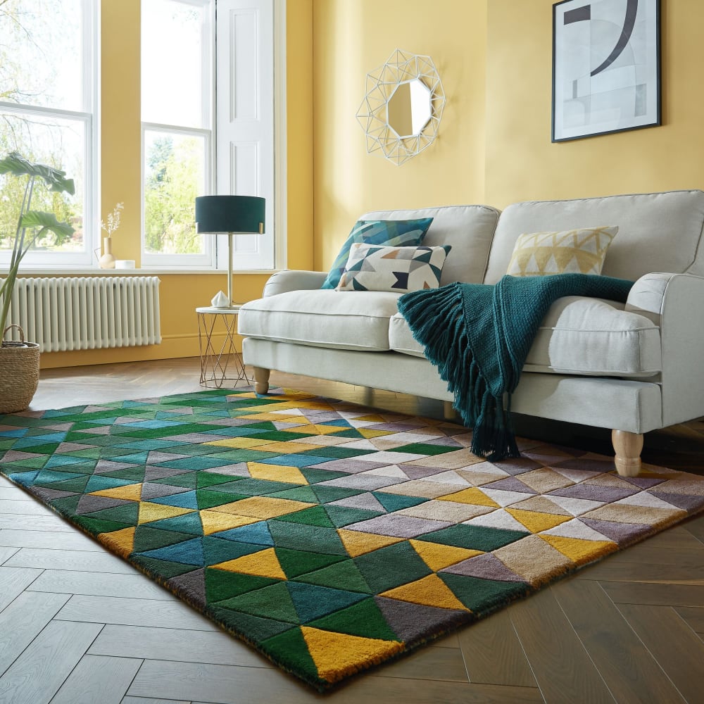 Tapis en laine verte, jaune, grise et beige 200x290cm — vue 3