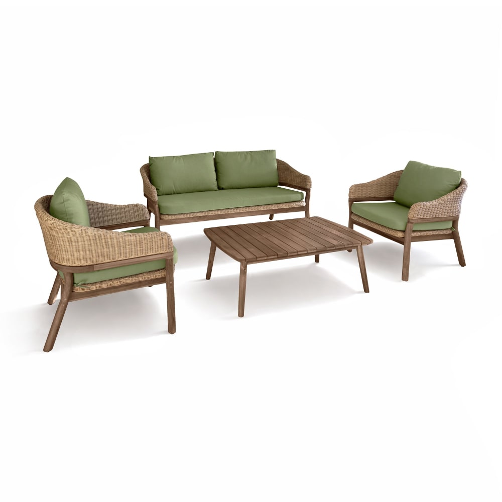 Salon de jardin 4 places en bois d'acacia foncé et résine tressée kaki