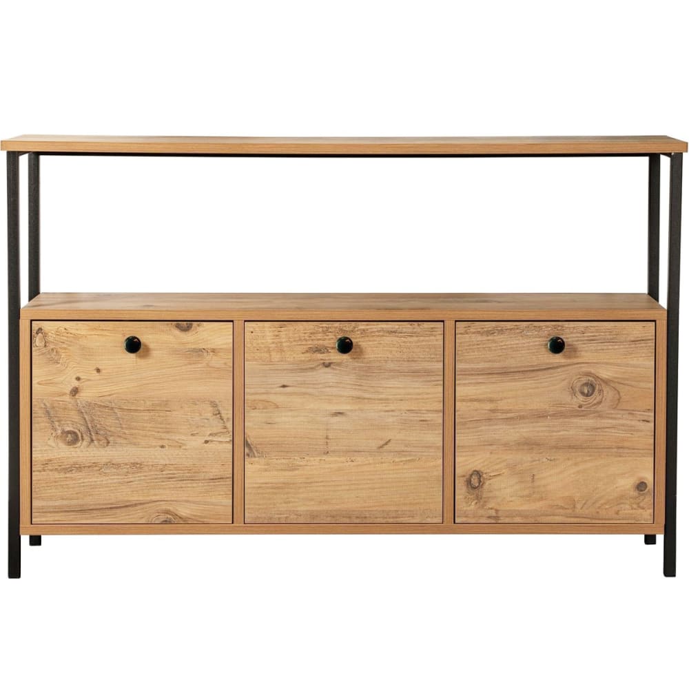 Buffet 3 portes effet bois foncé avec piètement noir 120 cm