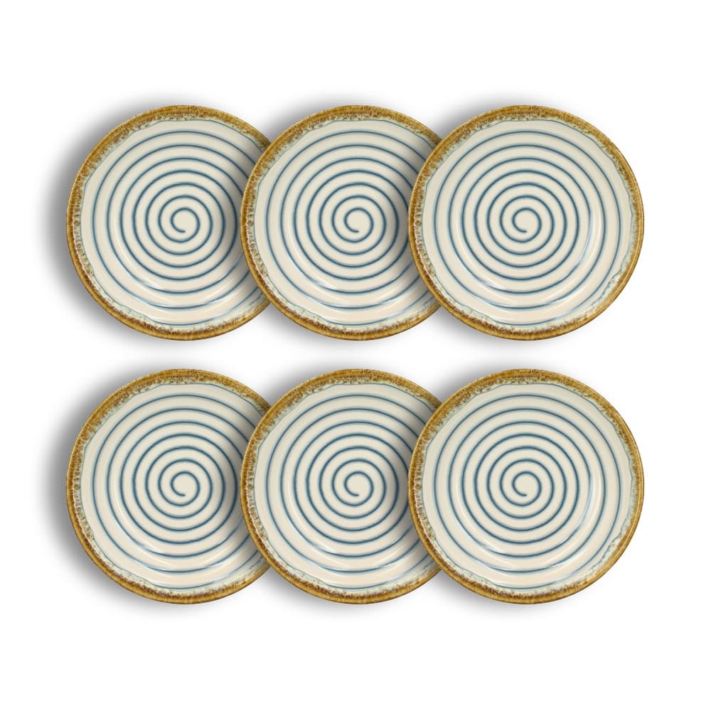 Lot de 6 assiettes creuses spirale 22cm en faïence bleu et beige
