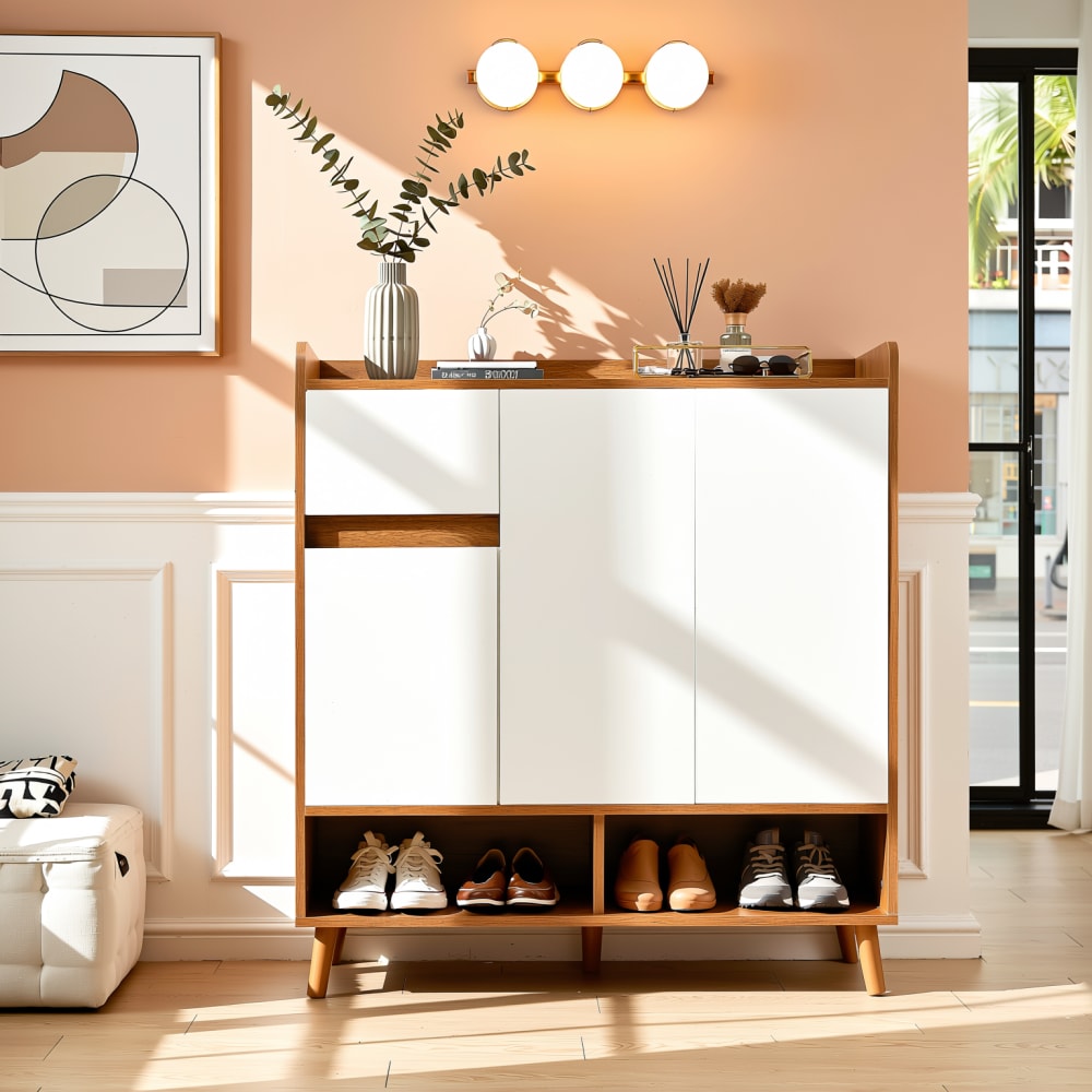 Schuhschrank aus Naturrohr und Hellem Holz, Weiß - Maisons Du