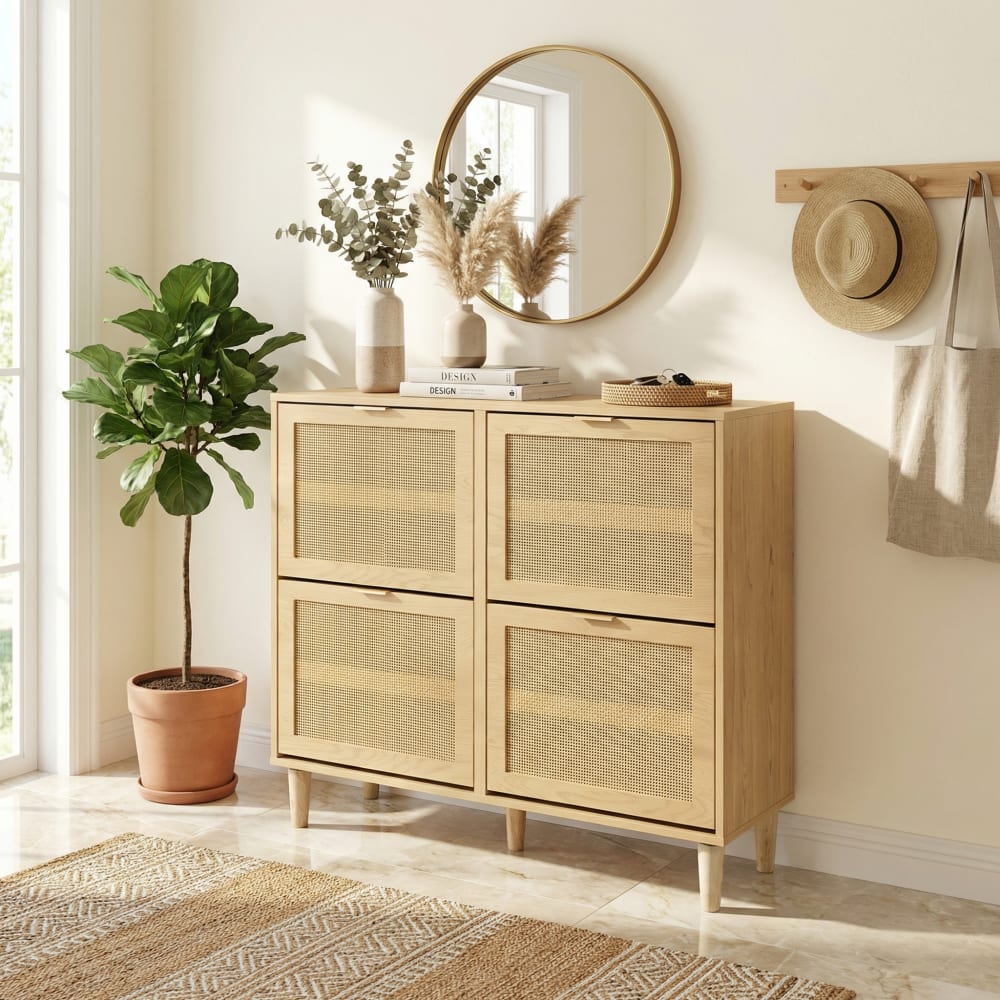 Schuhschrank aus Naturrohr mit 4 Türen, Beige - Maisons Du Monde