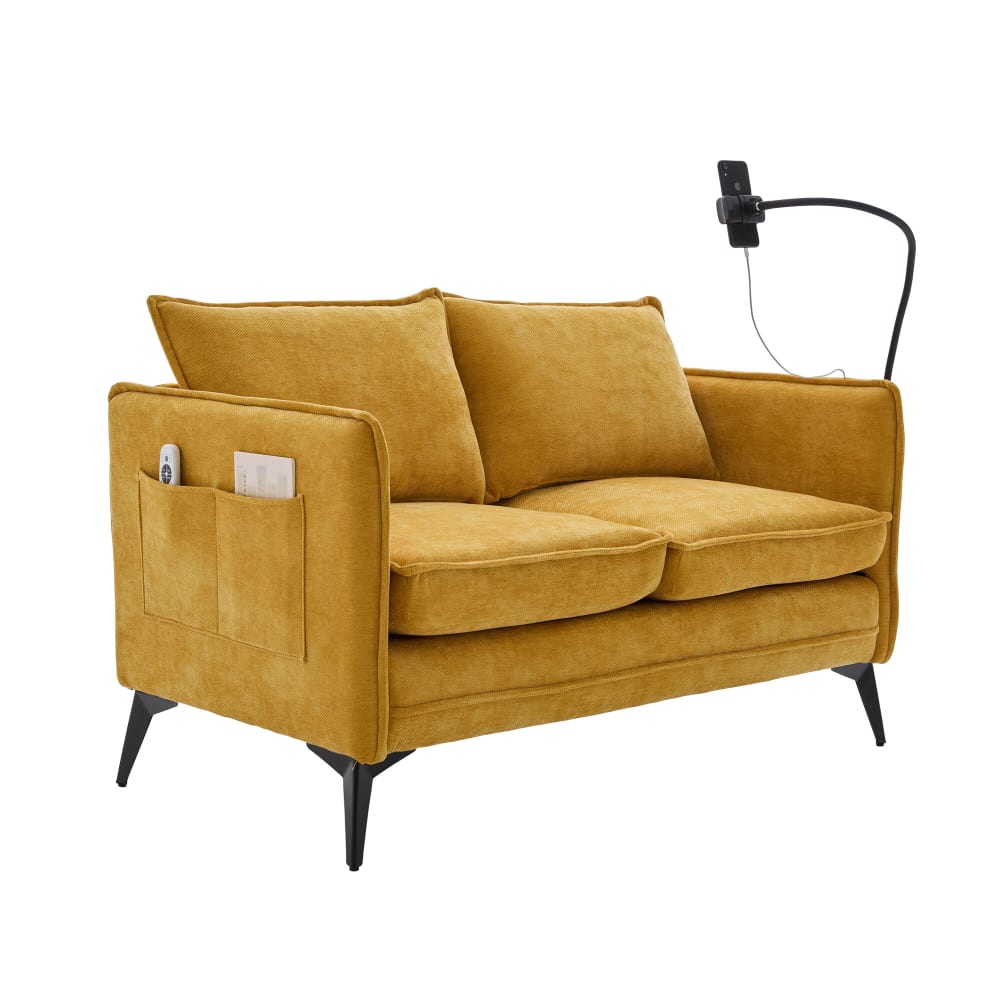 Canapé 2 places en chenille jaune avec poches et support téléphone