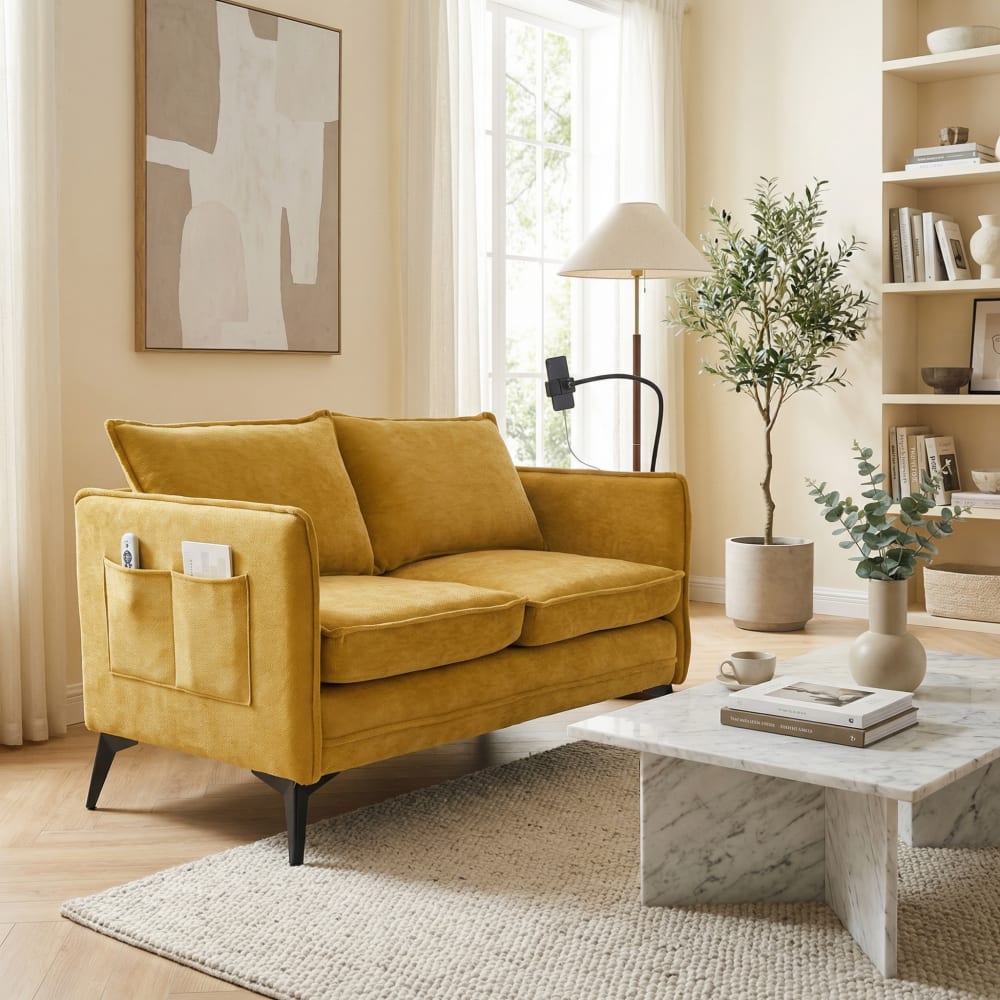 Canapé 2 places en chenille jaune avec poches et support téléphone