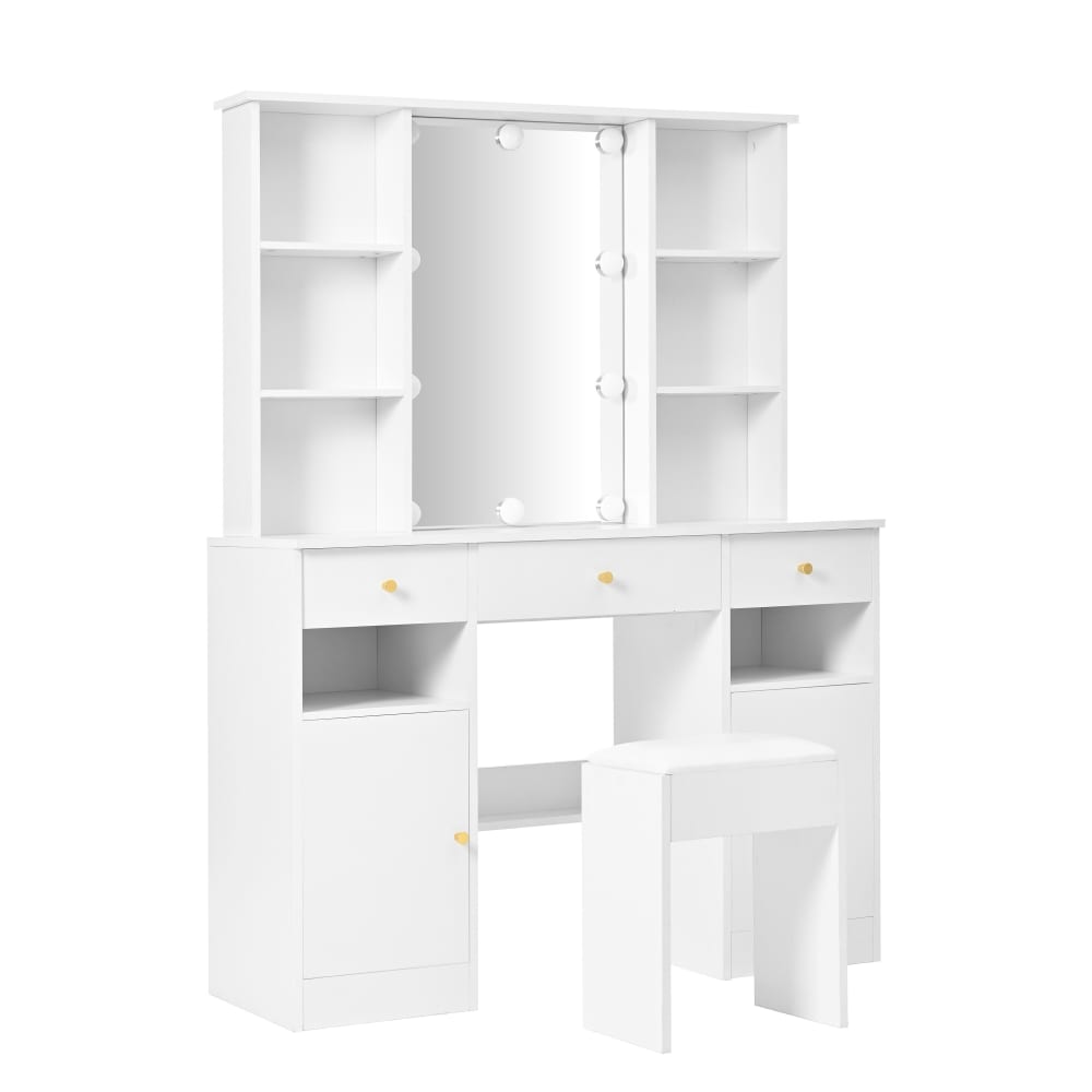 Coiffeuse blanche avec miroir lumineux LED et rangements, 110 cm