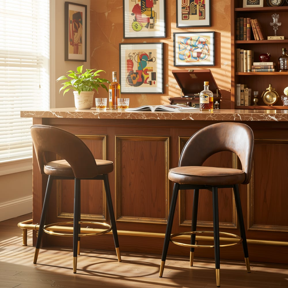 Lot de 2 tabourets de bar pivotants en tissu marron et métal noir