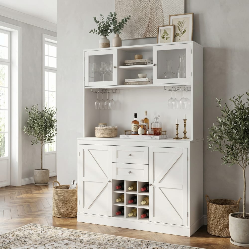 Buffet de cuisine blanc avec range-bouteilles, 4 portes, 2 tiroirs