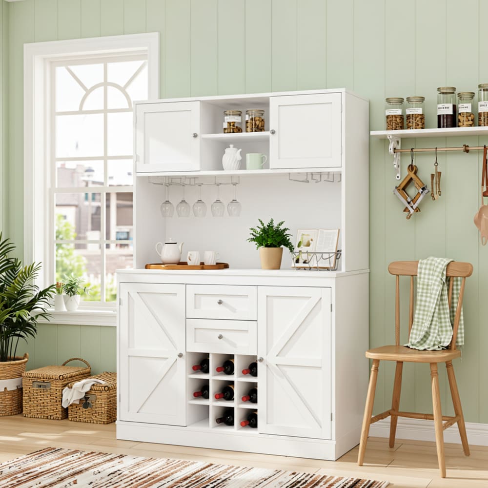 Küchensideboard mit Flaschenregal, 4 Türen, 2 Schubladen,Weiß -