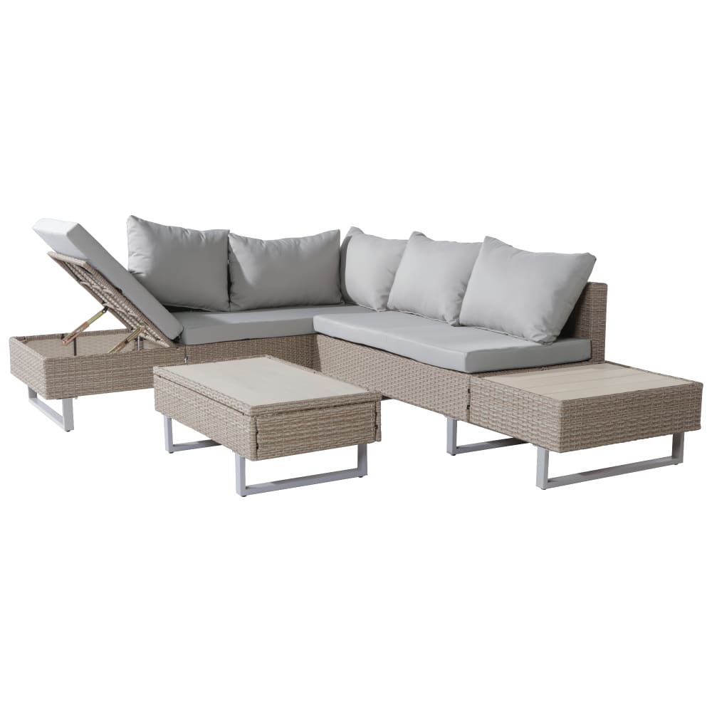 Salon de jardin 5 places en rotin et acier beige