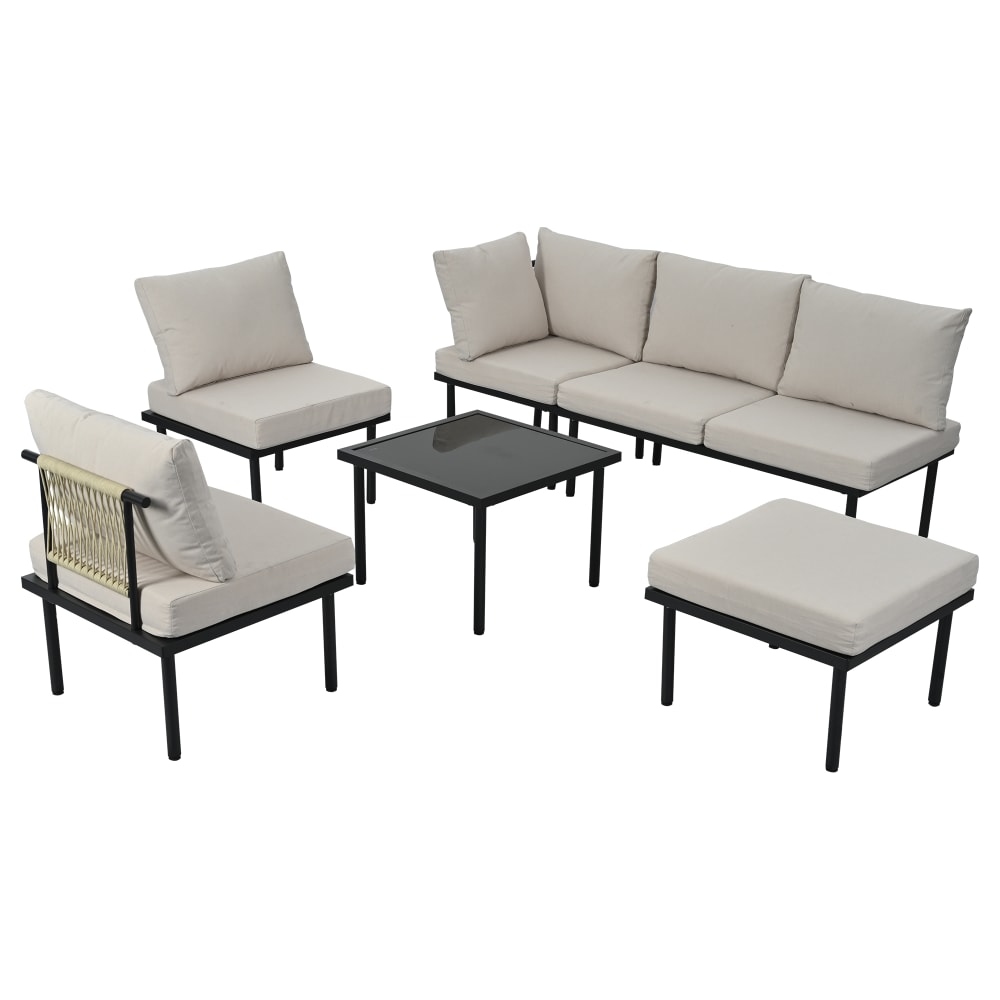 Salon de jardin 6 places en acier et textile beige