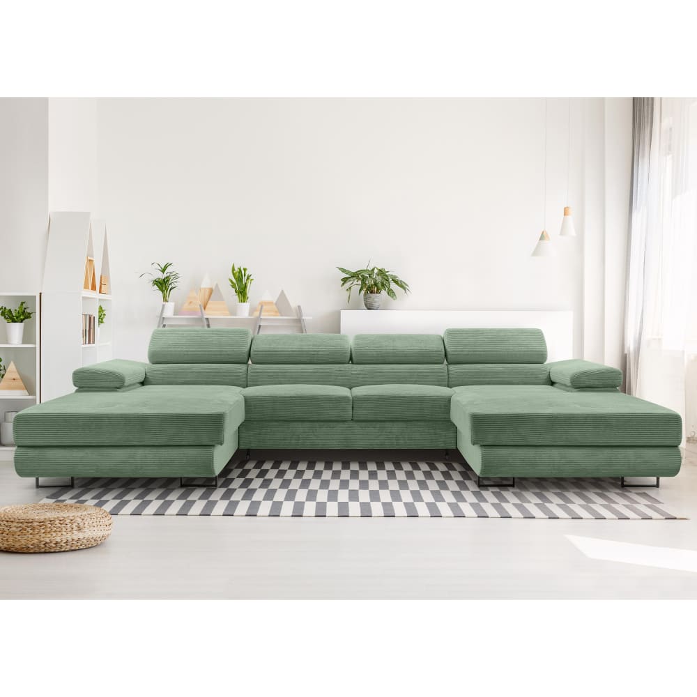 Wohnlandschaft mit Schlaffunktion aus Cord in Salbeigrün - 352 cm