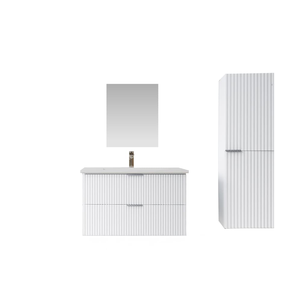 Meuble de salle de bains effet bois blanc avec miroir