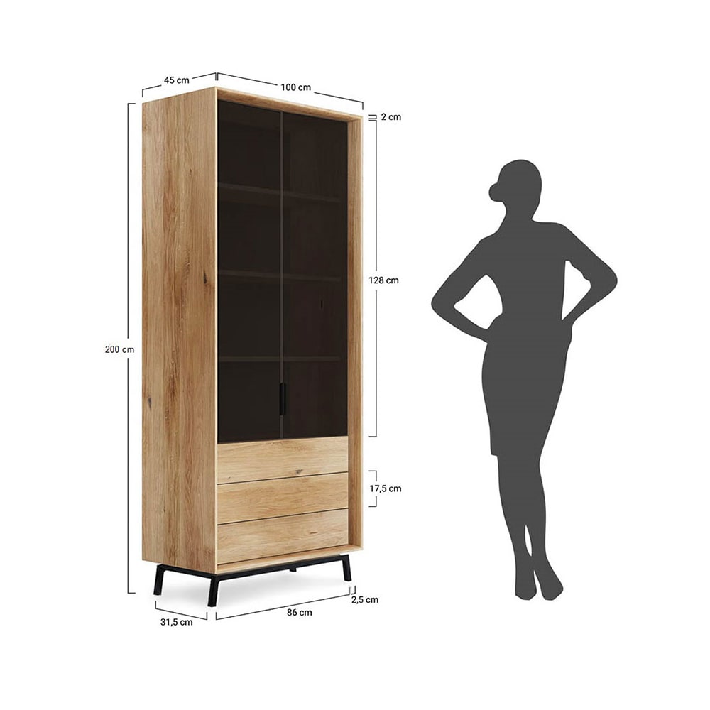 Vitrine modernes Design aus Massivholz 100x45x200cm, eiche natur