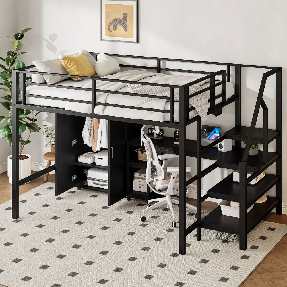 Hochbett aus Metall mit Schreibtisch und Stauraum 140x200 cm,