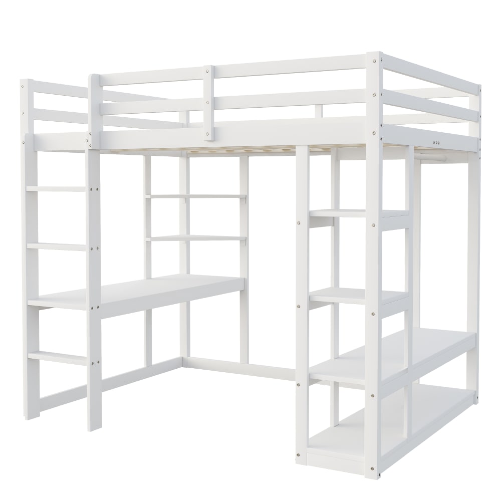 Lit mezzanine en bois blanc avec bureau et rangement 140 x 200 cm