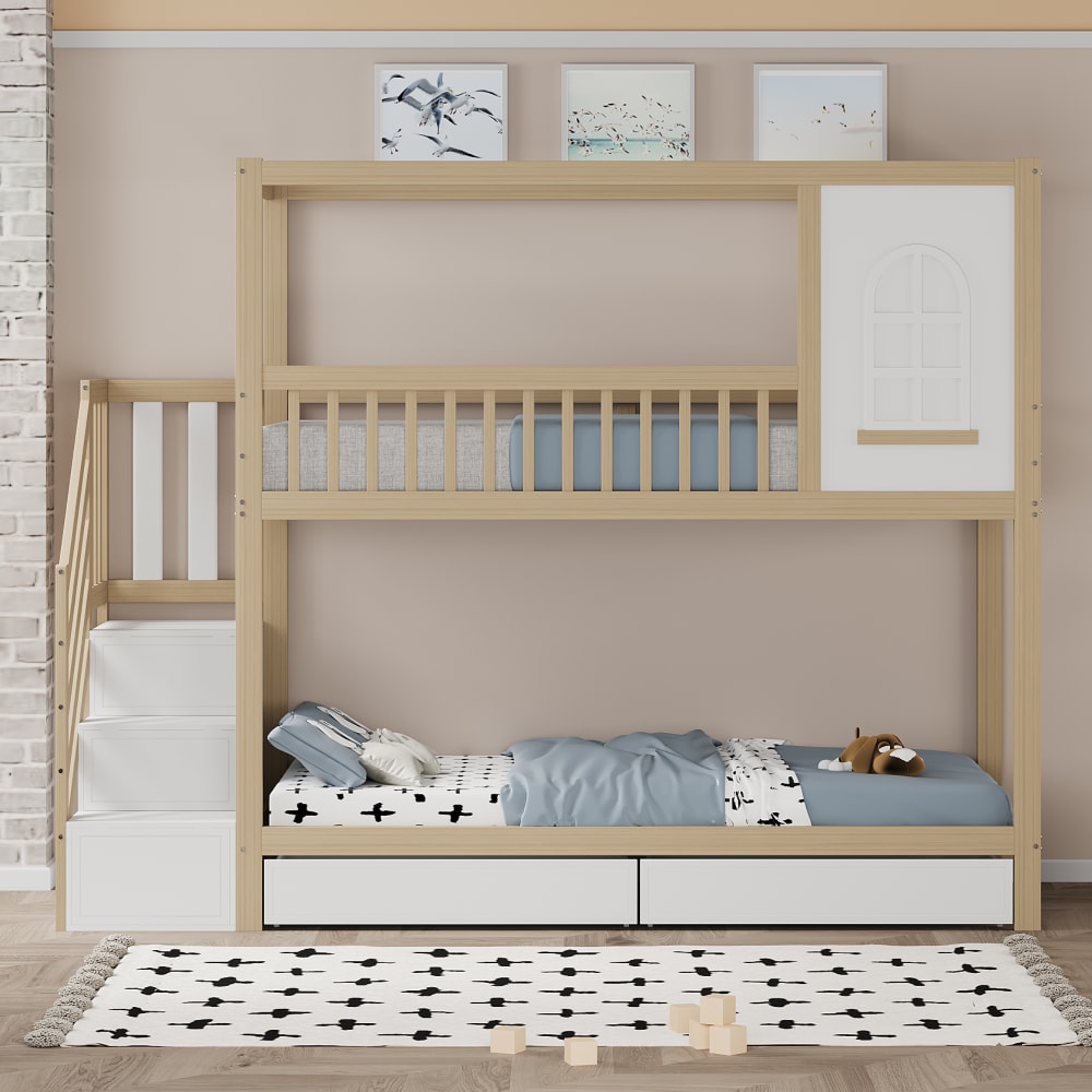 OKWISH Etagenbett aus Massivholz mit sicherer Leiter 90x200 cm, Holzfarbe Braun Baby