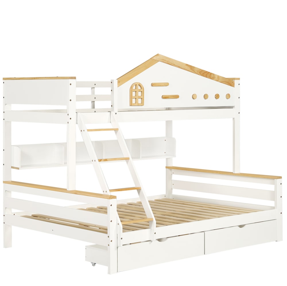 Lit superposé 90/140x200 cm en bois blanc et couleur bois avec tiroirs