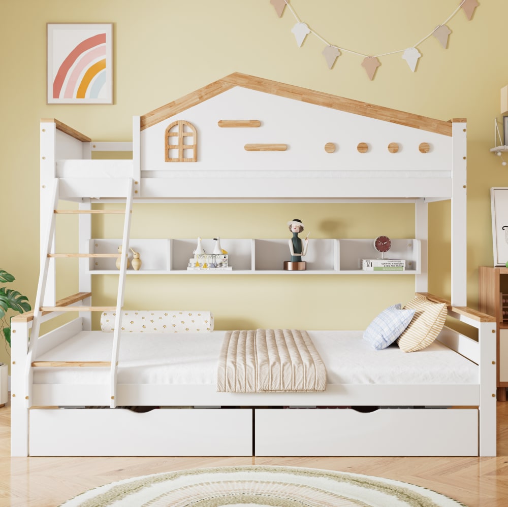 Etagenbett 90/140x200 cm aus Holz mit 2 Schubladen, weiß und