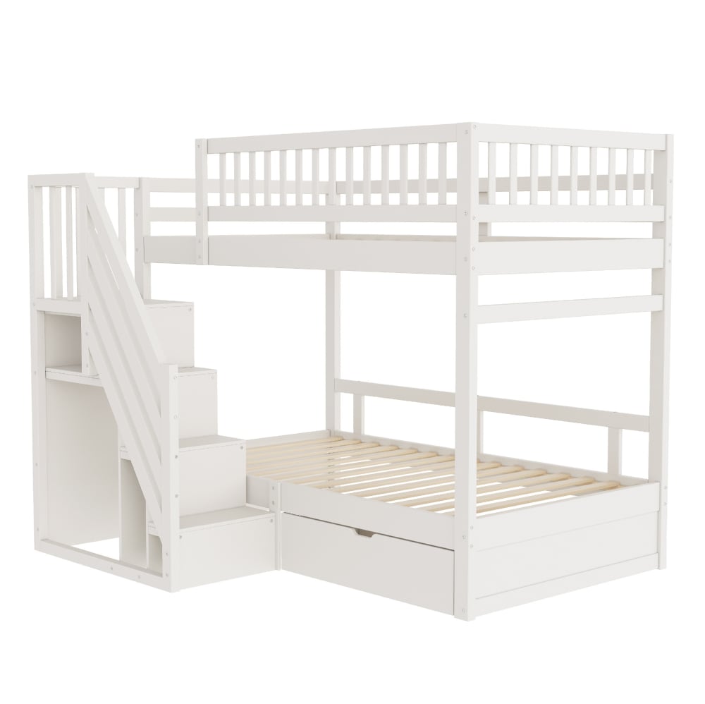 Lit superposé 90x200 cm en bois blanc avec rangements et 1 tiroir