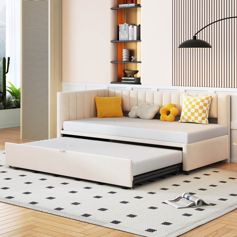 Kinderbett aus Samt mit Ausziehbett 90x200 cm, beige - Maisons Du