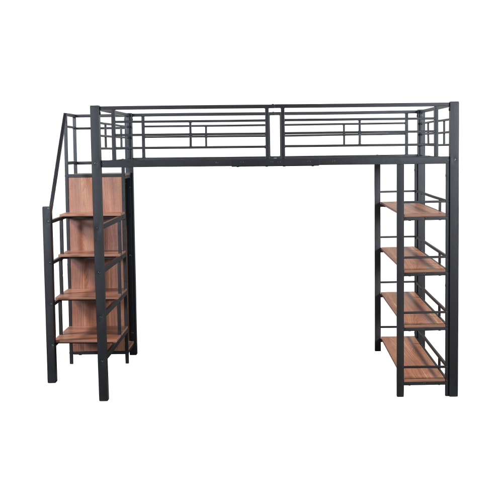 OKWISH Hochbett aus Metall mit Stauraumtreppe 140x200 cm, schwarz Metall Baby