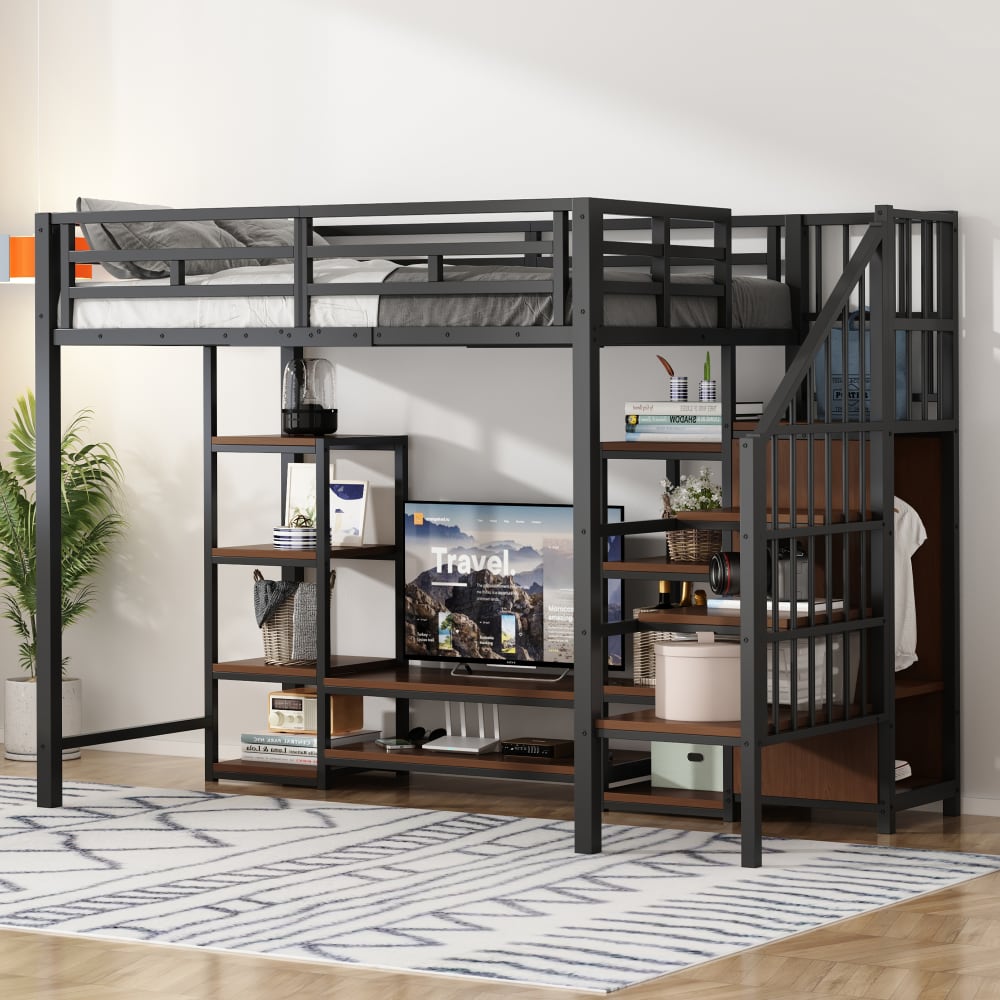 Hochbett 90x200 cm aus Metall mit TV-Ständer und Stauraum,